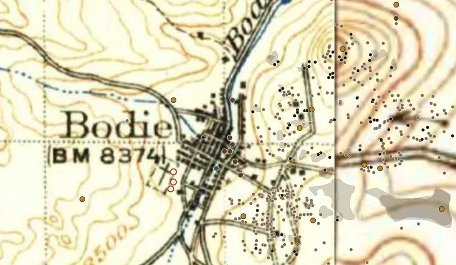 Bodie, California on the 1909 USGS survey with its mine workings marked