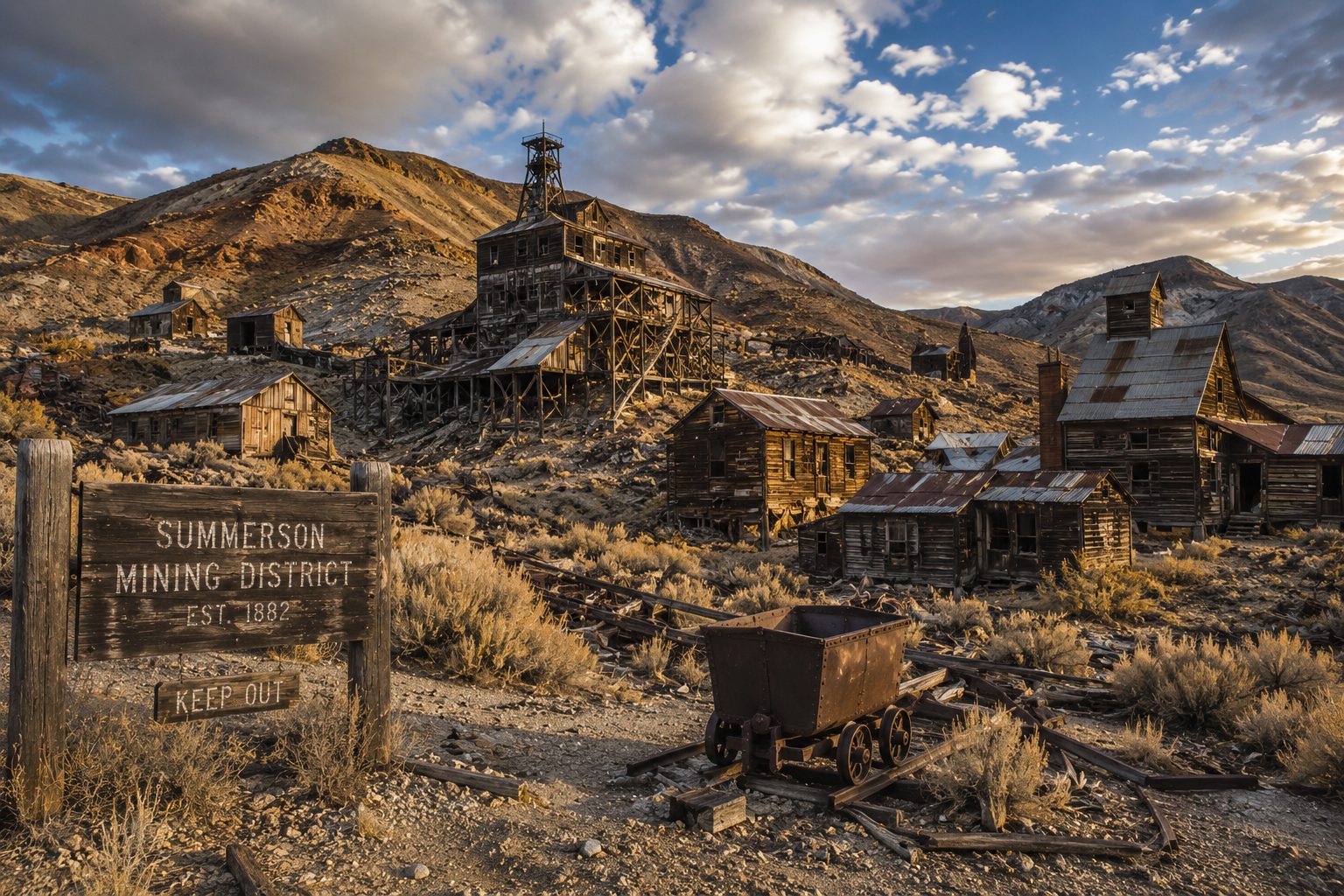 Weathered headframe and ore cart on rails at an abandoned mining district