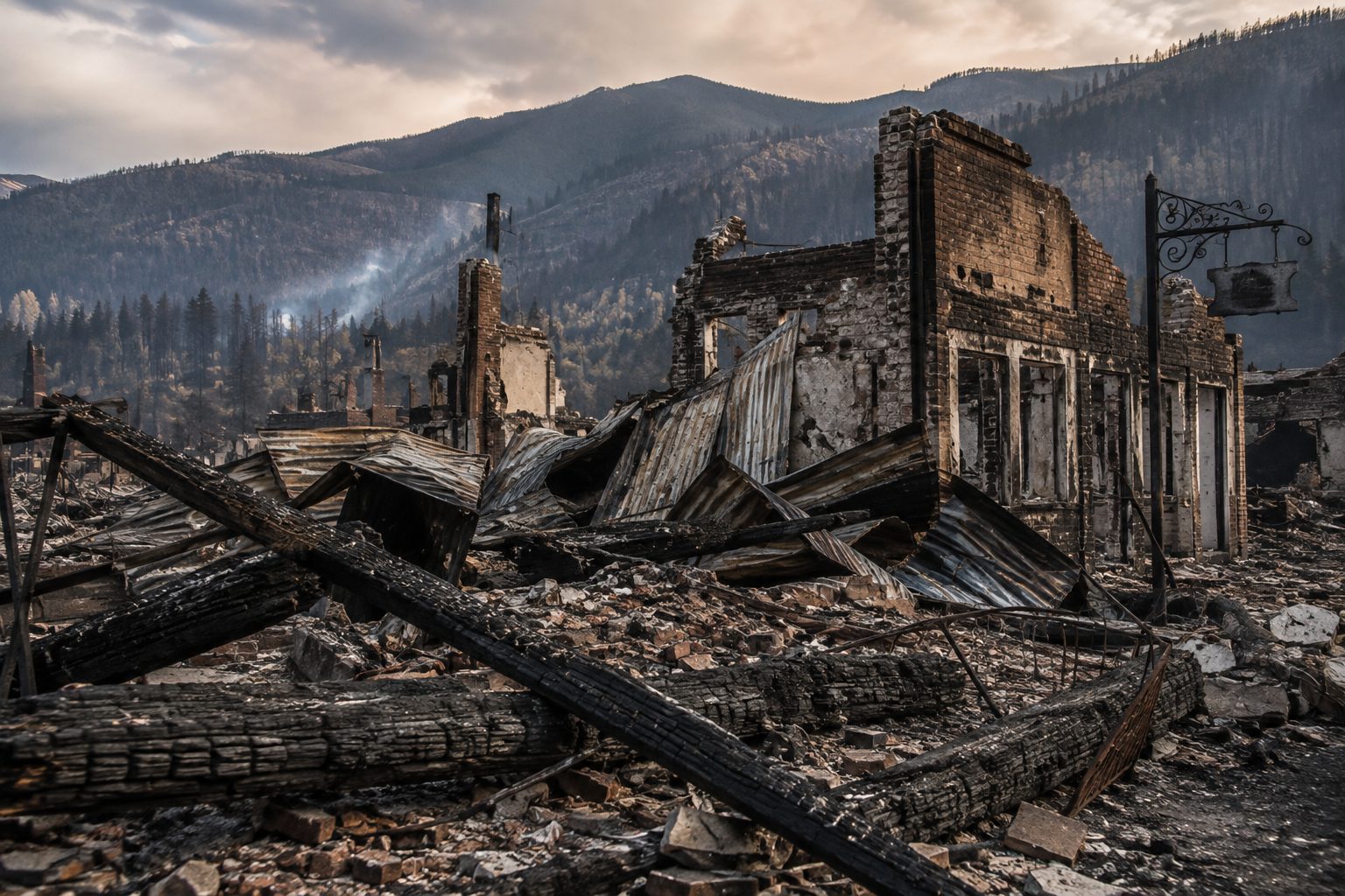 Charred timber and a collapsed roofline from a fire that destroyed a ghost town's business district