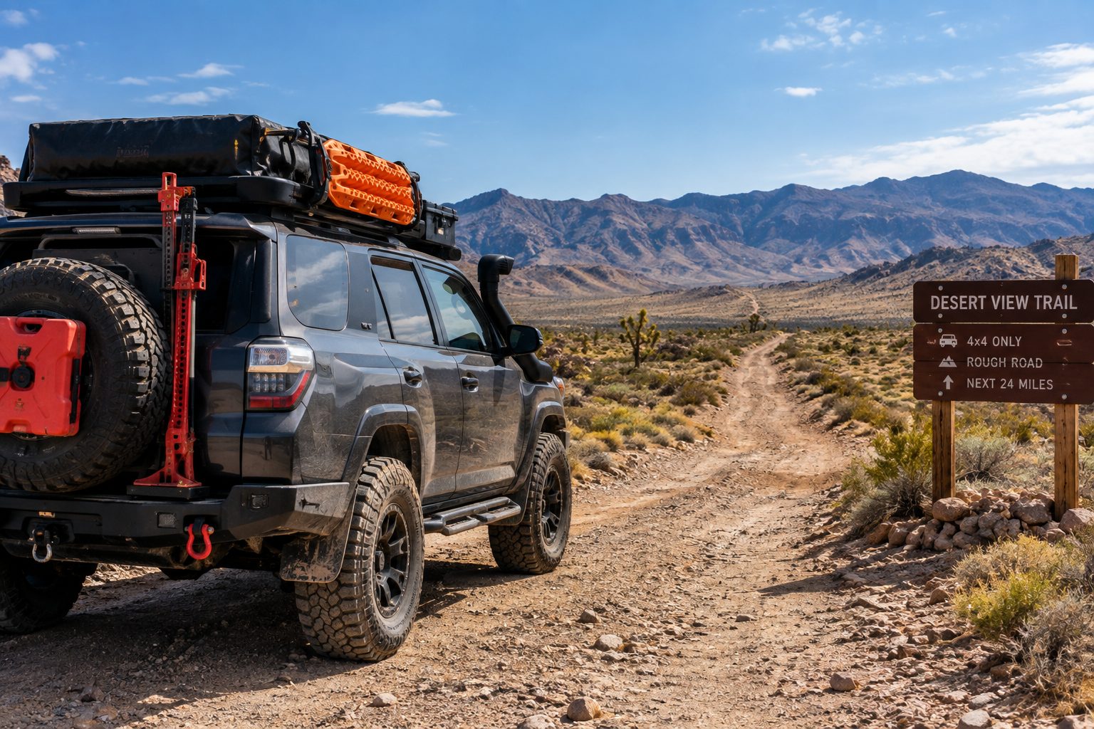 A high-clearance 4x4 packed with recovery gear parked at the start of an unpaved desert road