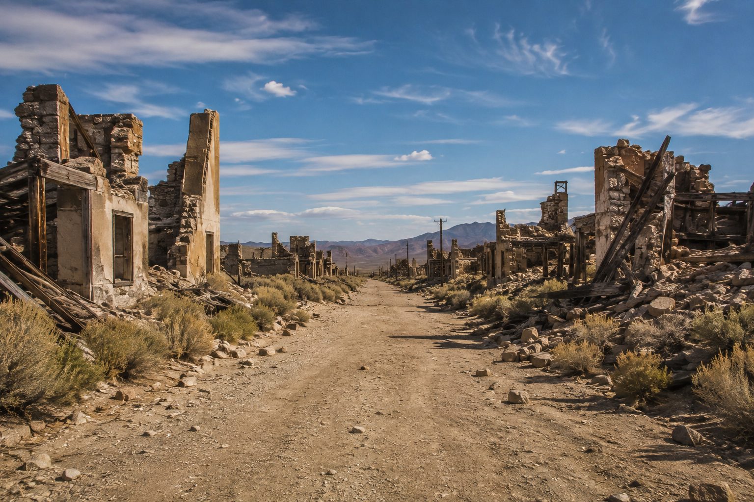 Empty dirt street running through the collapsed remains of an American ghost town