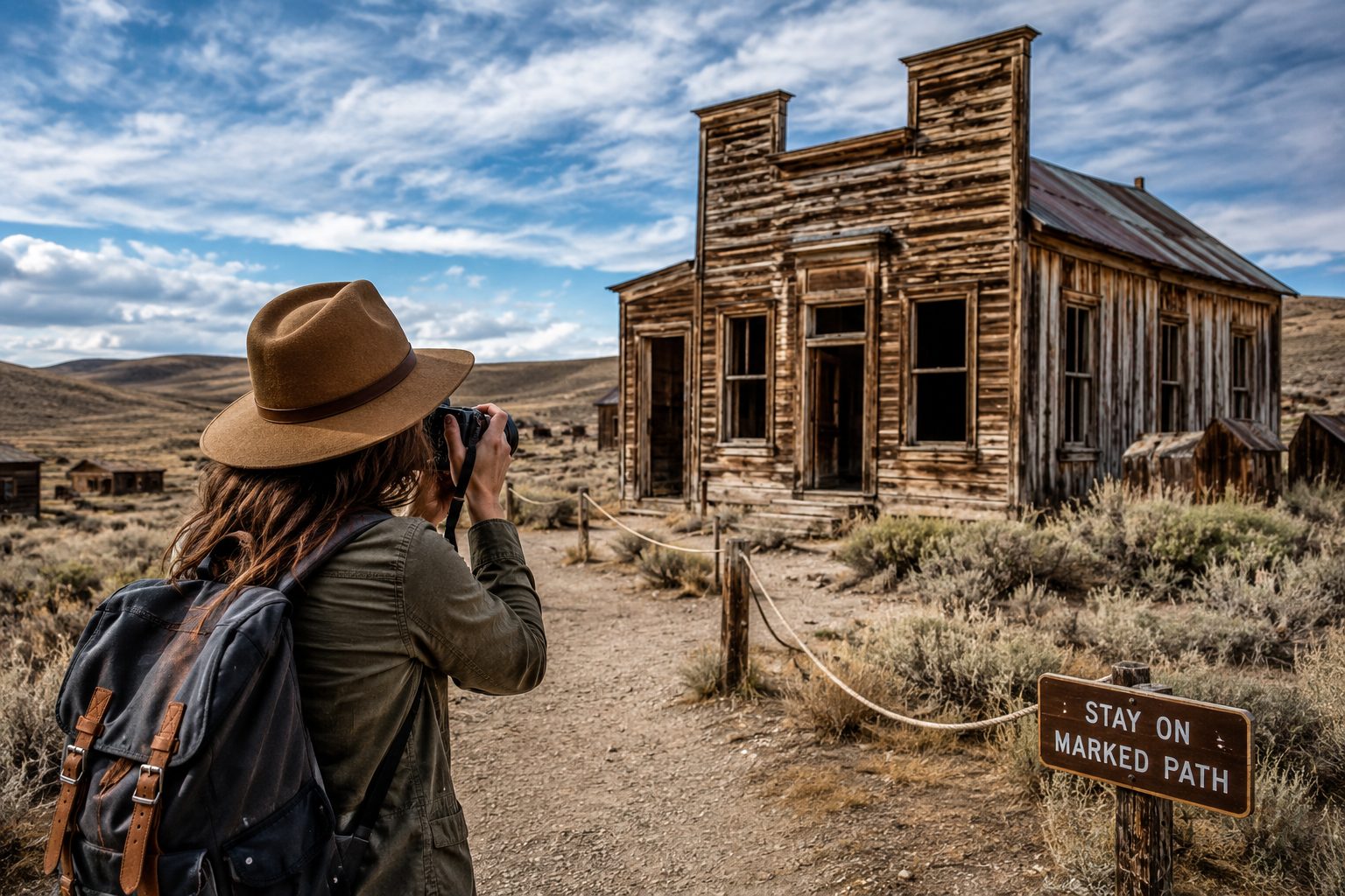 A visitor photographing a weathered ghost town building from a marked path, camera in hand