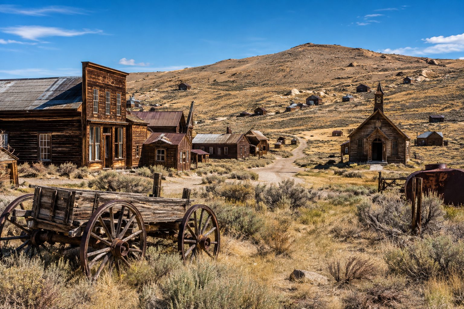 A dirt road winds past weathered wooden buildings and an old wagon toward a church in a remote high-desert ghost town