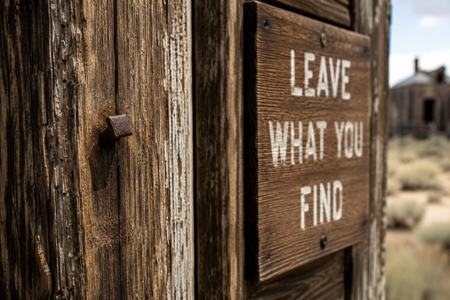 A rusted square nail left in place in a weathered wooden doorframe rather than removed as a souvenir