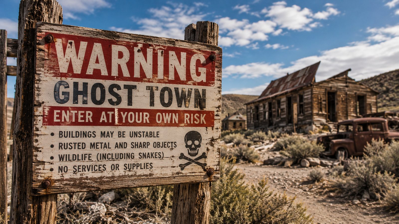 A weathered warning sign posted at the entrance to an abandoned ghost town