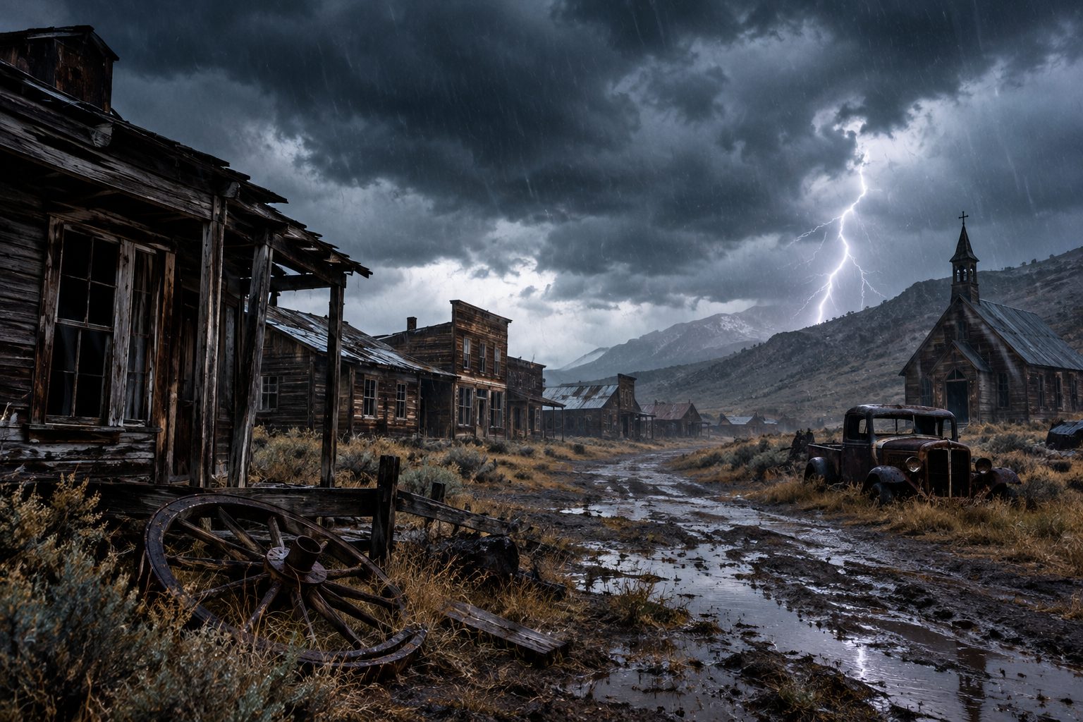 Storm clouds and lightning over an abandoned ghost town with a rusted truck and a muddy street