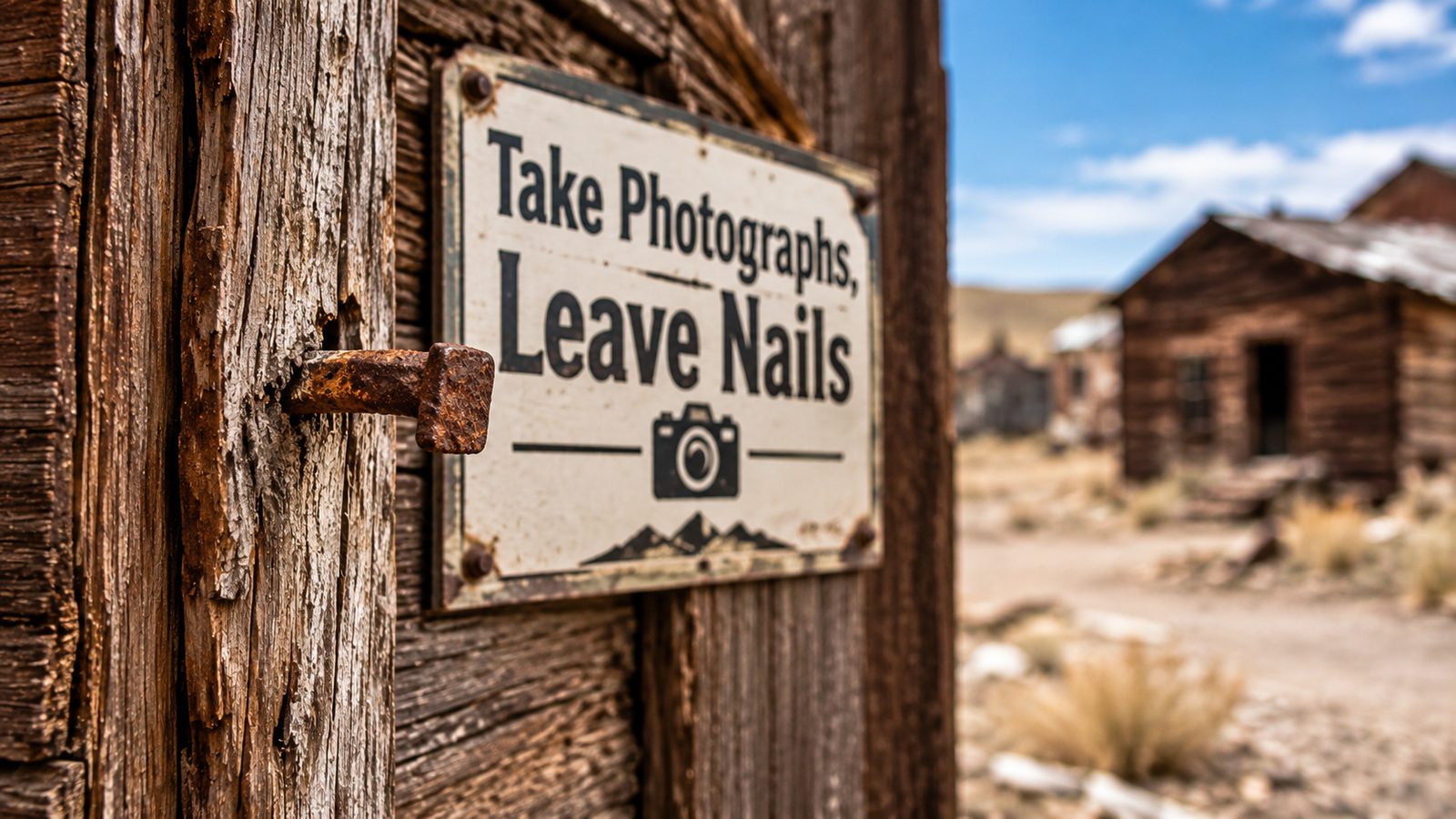 A rusted nail holds a hand-lettered sign reading "Take Photographs, Leave Nails" at a ghost town