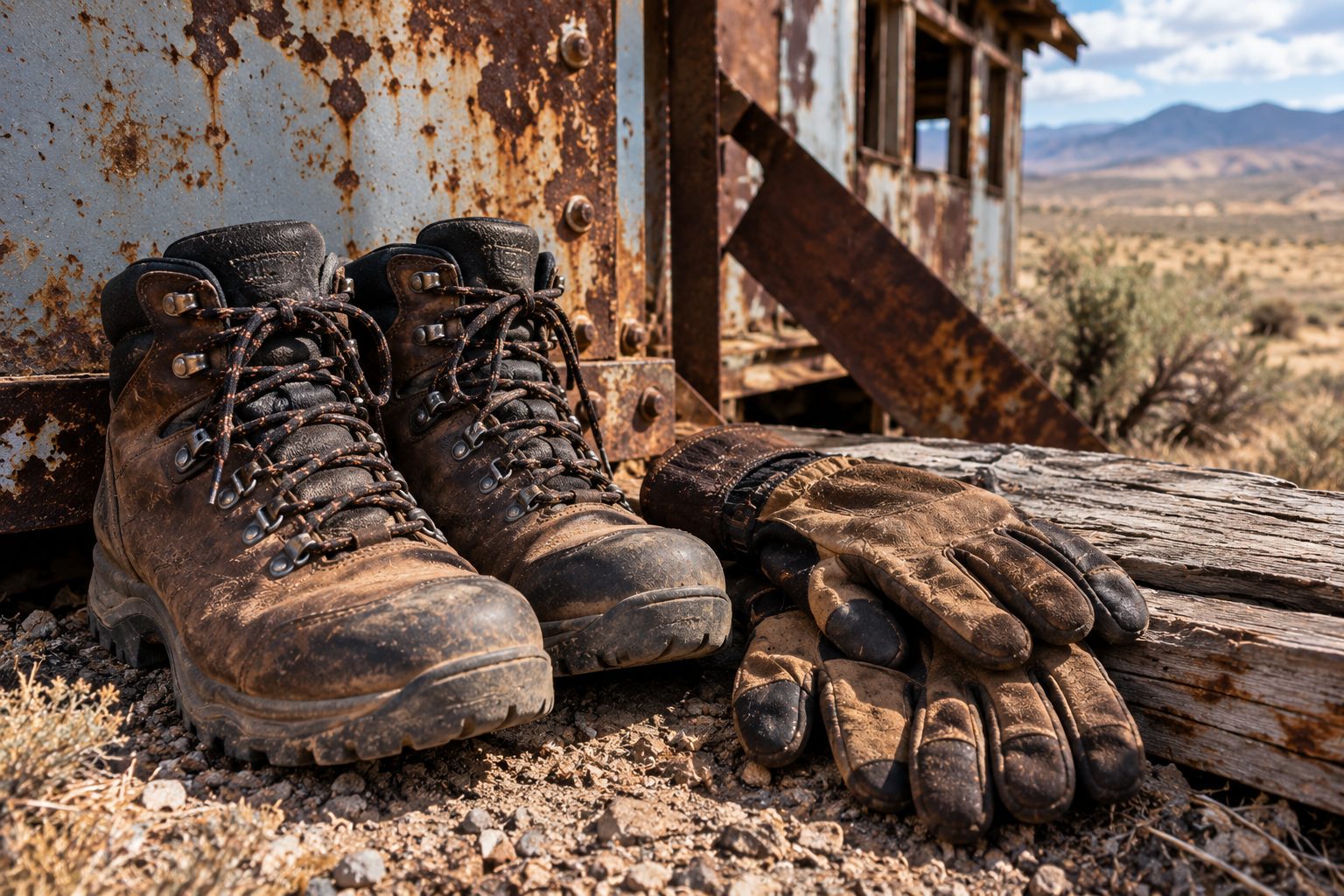 Sturdy closed-toe boots and leather gloves next to a weathered, rusted structure
